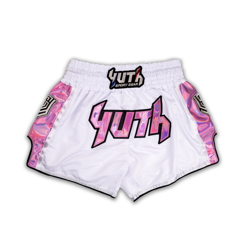 YUTH - Hologram Muay Thai Shorts - White/Pink - Large